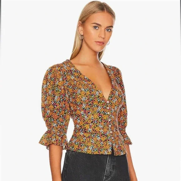 Free People I Found You Printed Blouse Floral Mustard Boho Size Small - Picture 6 of 6